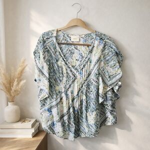 Maeve Maya Floral Flutter Sleeve Blouse Size 12 Ruffle Blue Anthropologie